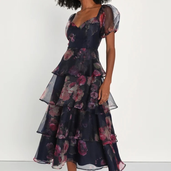 Lulus | Oh-So Stunning Navy Blue Floral Organza Tiered Midi Dress - Picture 1 of 3